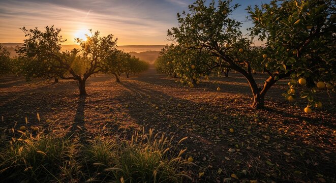 Beautiful citrus garden with trees and sunset over mountains