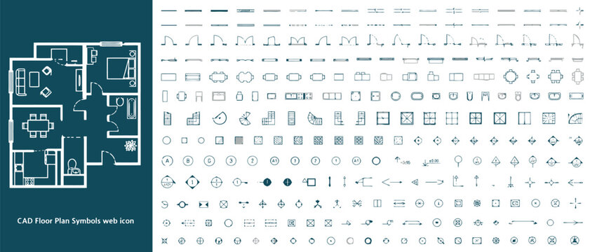 Architectural CAD Floor Plan Symbols and Furniture Icon Set Vector for Interior Design, Blueprint Drafting & Construction Planning (EPS)
