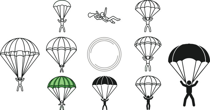 Parachute and Skydiving Icon Set with People Descending in Parachutes in Line Art and Flat Vector Style for Adventure, Sports, and Extreme Activities
