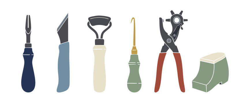 Leather Crafting Tools Set for Professional Shoemaking and Handiwork, Featuring Awls, Skiving Knife, Hole Puncher, and Shoe Last, Flat Vector Illustration Isolated on White Background for DIY Leather