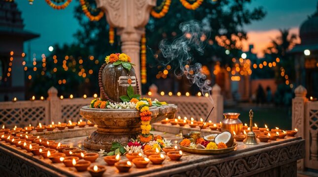 Spiritual Sawan Pradosh Vrat Celebration Featuring a Sacred Shiva Lingam Surrounded by Glowing Traditional Oil Lamps in a Serene Evening Setting