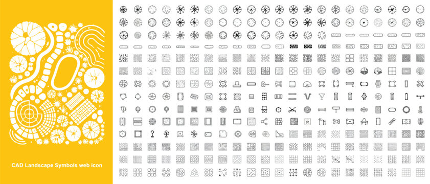 Landscape Architecture Symbols and Garden Design Plan Vector Icon Set for Site Mapping, Urban Planning & Backyard Landscaping (EPS)