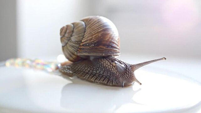 Close-up of a slow-moving snail with brown shell on a white ceramic plate showing detail and texture
