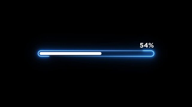 Glowing neon loading progress bar with futuristic progress 0 to 100%.Abstract loading,downloading,upload icon animation on black background.