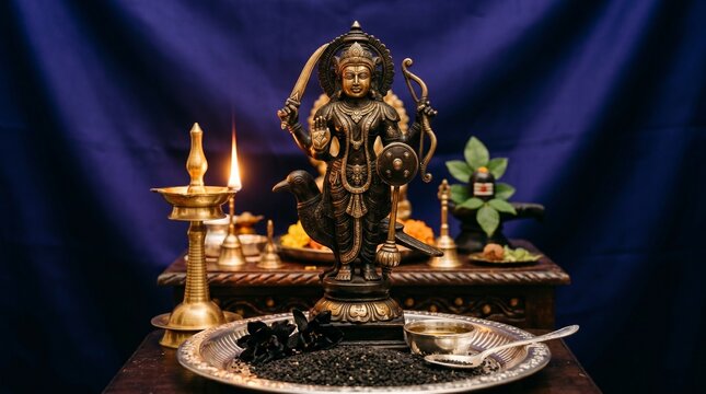 Intricate Bronze Statue of Lord Shani Dev Standing Against a Deep Indigo Silk Background, Representation of Shani Pradosh Vrat Rituals
