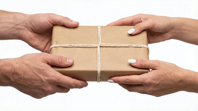 Close up of hands passing a wrapped parcel between sender and recipient, symbolizing delivery service, shipping, courier exchange, online shopping and contactless package handover