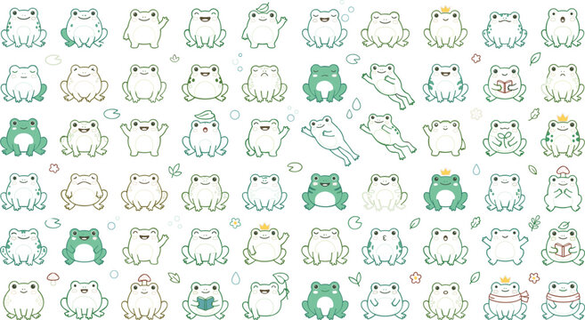 Cute frog cartoon expression collection with funny kawaii amphibian characters in colorful flat vector illustration style
