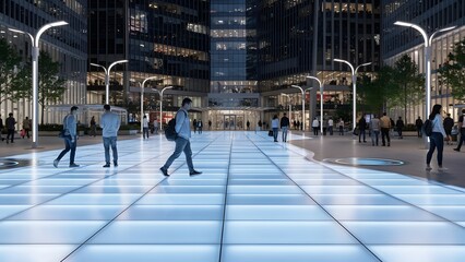 People walking on illuminated glass floor in modern urban plaza at night