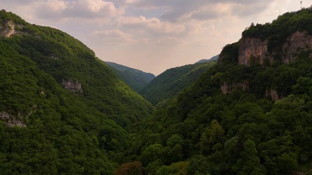 Cinematic aerial drone footage over dramatic Alpine foothills in Italy, with deep green valleys, rugged limestone cliffs, and a winding asphalt road cutting through dense forests mountainous terrain