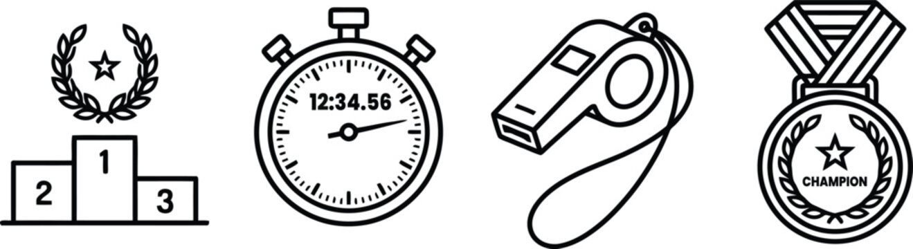 Sports icons set with medals, stopwatch, and whistle for competition and achievement featuring victory, award, trophy with time and race elements for