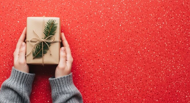 Person wearing grey sweater holding small rustic christmas gift on red