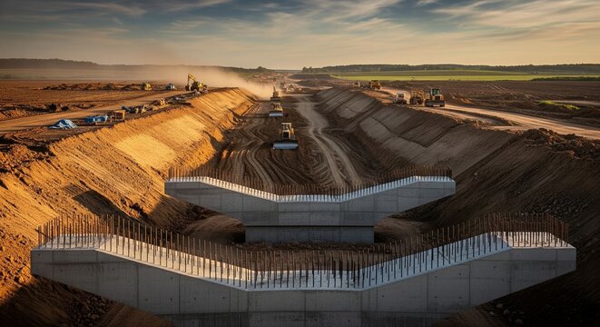 Massive highway construction site with concrete bridge pillars and earthworks