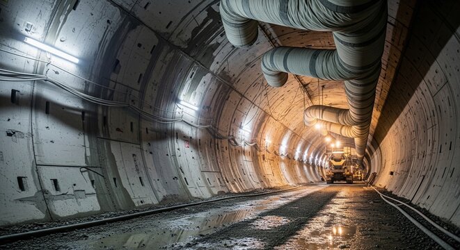 Underground subway tunnel under construction with bright lights and pipes