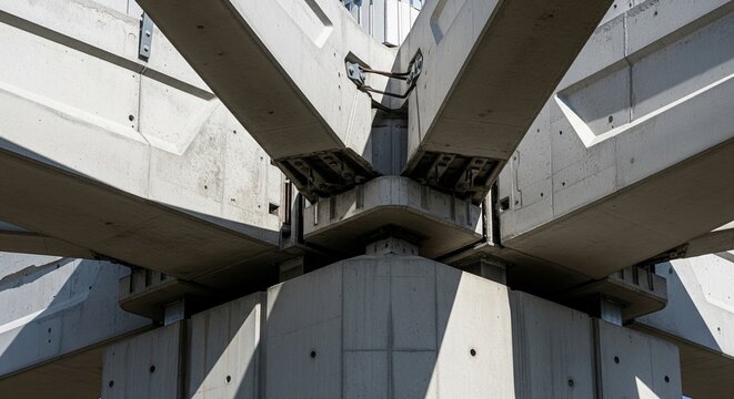 Architectural detail of many concrete beams meeting at a pillar