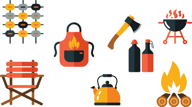 Outdoor camping and barbecue vector icon set featuring campfire grill skewers axes kettle apron and folding chair for summer picnic adventure hiking and backyard cooking themes.