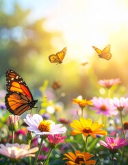 Obraz premium Vibrant Monarch Butterflies Among Colorful Spring Flowers in Bloom