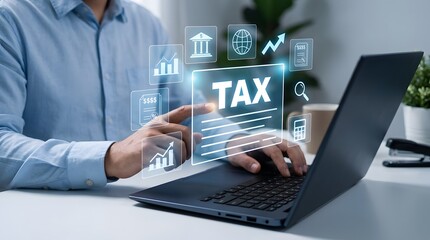 Fototapeta premium Professional person interacting with a laptop computer, displaying a holographic tax document and various financial icons for digital accounting and online tax management services