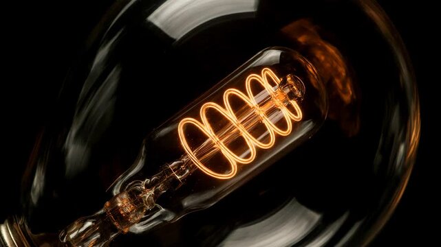 Detailed close-up of a glowing spiral filament inside an incandescent light bulb. Vintage industrial lighting. Innovation and creativity concept
