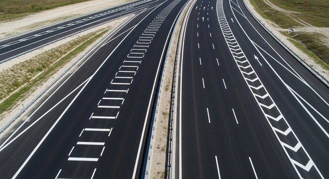 Aerial view of a new wide multi lane highway asphalt