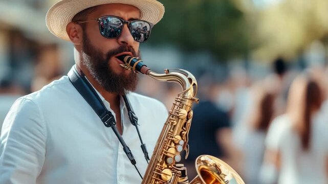 talented street musician playing saxophone in busy urban street performance