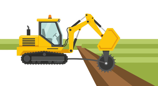 Yellow Industrial Trencher Machine Cutting a Ditch in the Soil for Pipe and Cable Installation, Heavy Construction Machinery Vector Illustration