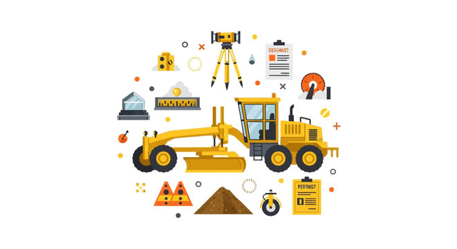 Yellow Motor Grader Vector Illustration with Road Construction and Civil Engineering Equipment Icons like Surveying Tripod and Traffic Cones