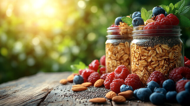 Berries, granola parfait jars on table, sunny garden background