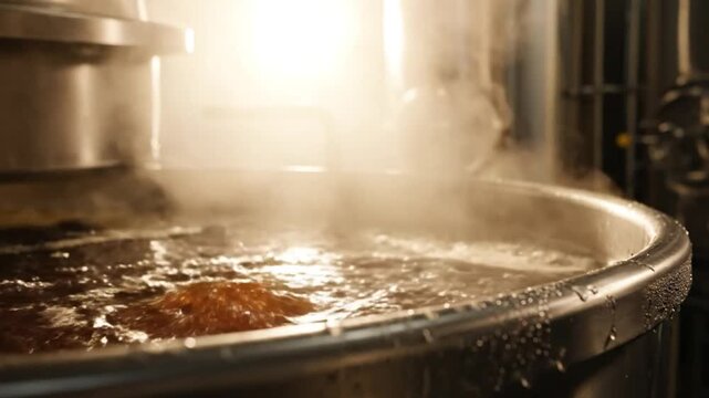 Brewing process close-up of boiling wort in stainless steel vessel creating steam inside a brewery.