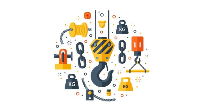 Heavy Lifting Equipment Vector Concept with Crane Hook, Chains, and Weights for Industrial Logistics and Construction Projects