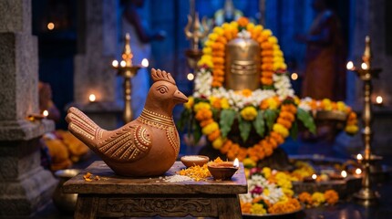 Obraz premium Kokila Vrat Celebration with a Clay Cuckoo Bird Figurine in Foreground and Blurred Shiva Lingam with Marigold Garlands for Hindu Ritual Worship