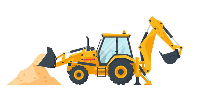 Yellow Backhoe Loader Excavator Vector Illustration with Sand Pile Isolated on White