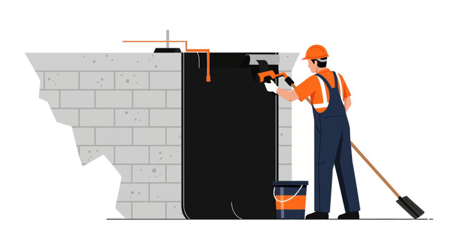Construction Worker Applying Waterproofing Membrane to Concrete Wall Foundation Vector Illustration