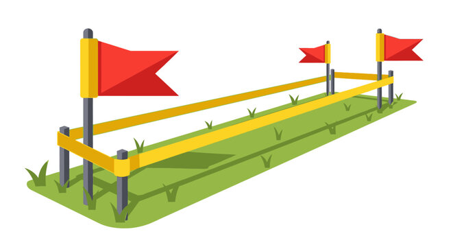 Flat vector illustration of a racetrack or obstacle course boundary with red flags and yellow caution tape on green grass, isolated on white background.