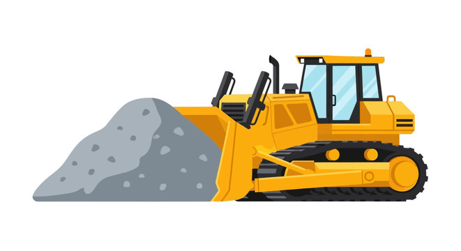Yellow Bulldozer Vector Illustration Pushing a Pile of Dirt - Heavy Construction Machinery Isolated on White Background