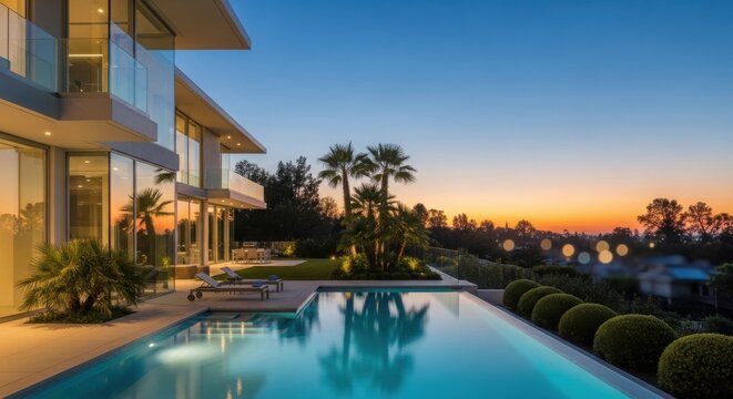 Luxury modern villa with swimming pool at sunset architecture swimming