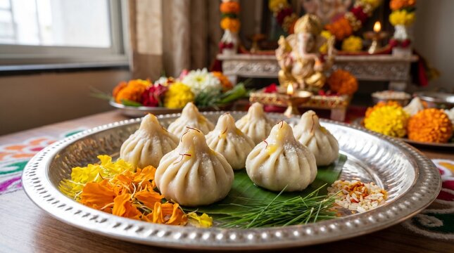 Traditional Steamed Ukadiche Modaks on a Silver Plate Decorated with Marigold Petals for Gajanan Sankashti Chaturthi Hindu Festival
