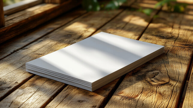 Blank papers on weathered wooden deck, sunlight through plants