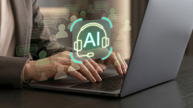 AI customer support and virtual assistant concept. Artificial intelligence headset interface with automated communication and online customer interaction. Manager using laptop for AI support analysis.