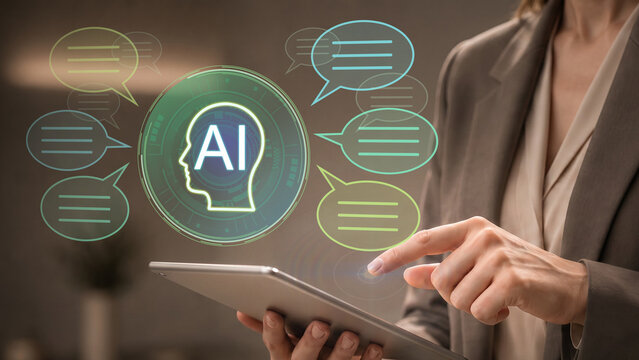 AI communication and chatbot interaction concept. Artificial intelligence assistant with digital messaging and online conversation. Entrepreneur using tablet for AI communication management.