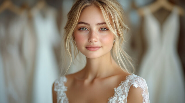 Blonde bride in lace gown smiles in bridal shop with dresses
