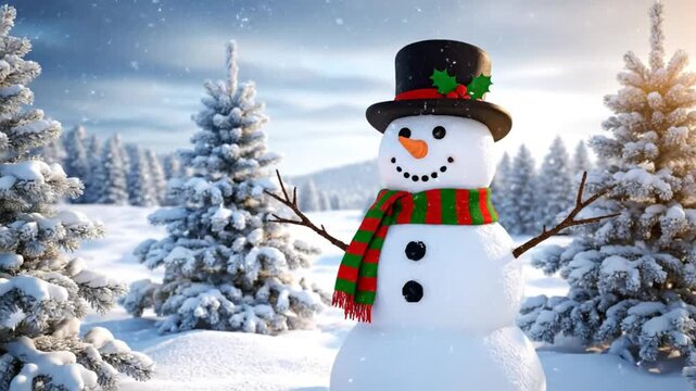 Cheerful snowman with a top hat and scarf stands in a snowy winter wonderland as snow gently falls among evergreen trees.