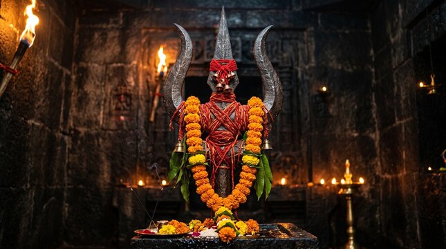 Majestic Iron Trishula Tied with Sacred Red Thread and Orange Marigold Garlands for Kalashtami Celebration, Symbolic Trident of Lord Shiva