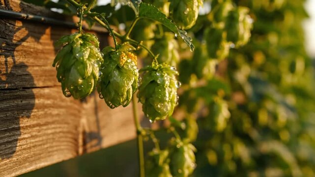 Close-up of fresh green hops with water droplets on vine growing on wooden fence in sunlight.