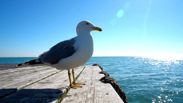 Coastal European Seagull Standing on a Wooden Pier With Bright Blue Sky and Sparkling Sea in Sunny Summer Day