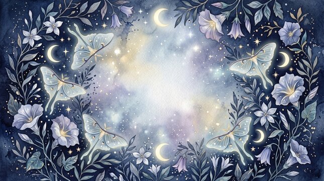 Frame of Mystical Night Sky with Moths and Flowers - Enchanted Dreamscape