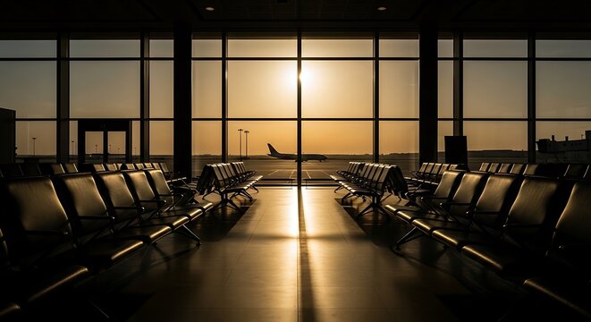 Airport gate lounge featuring empty black seating rows illuminated by a brilliant orange sunset. A plane silhouette sits on tarmac. Ideal for airline branding and international travel marketing.