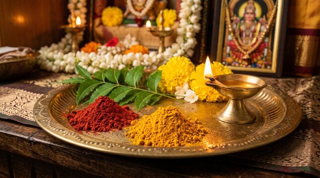 Traditional brass puja plate with red kumkum, yellow turmeric powder, and fresh green neem leaves for Aadi Velli festival ritual and Hindu worship.