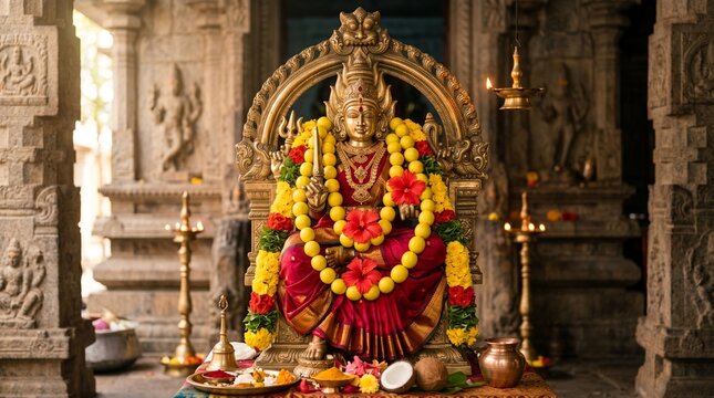 Brass Idol of Hindu Goddess Amman Adorned with Yellow Lemon Garland and Red Hibiscus Flowers for Aadi Velli Festival Celebrations