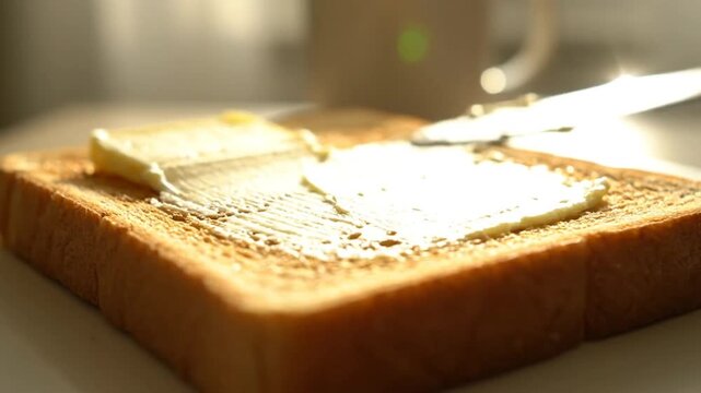 Spreading butter on toasted bread for breakfast, preparing a simple and delicious morning meal