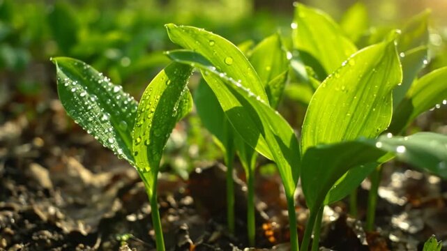Morning dew glistening on vibrant green lily of the valley leaves in a sunlit spring forest